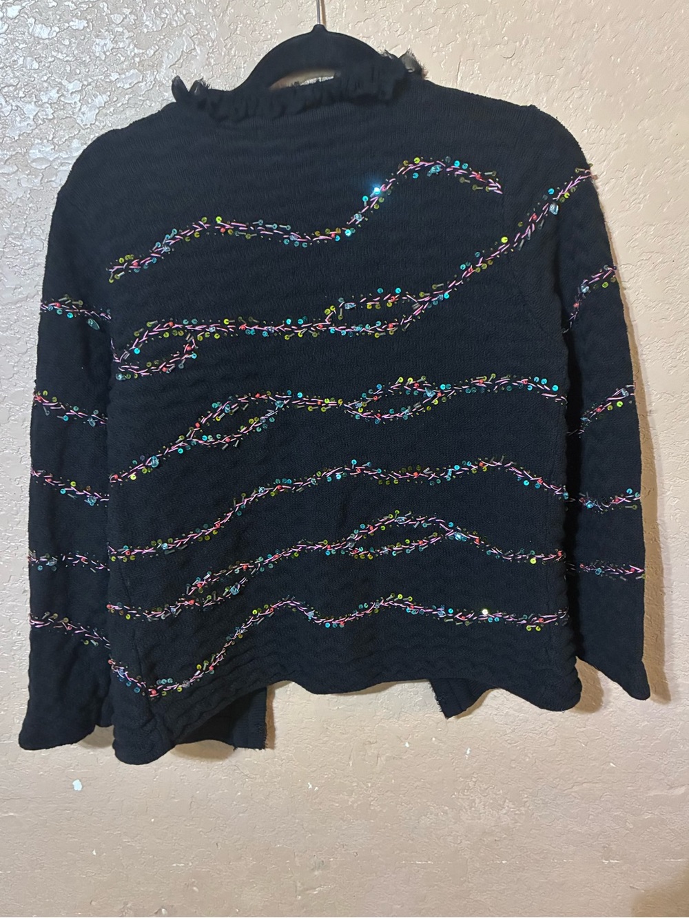Michael Simon Cardigan Sweater Size PM Petite Small Women's Black Ruffle Stripe - Picture 3 of 4
